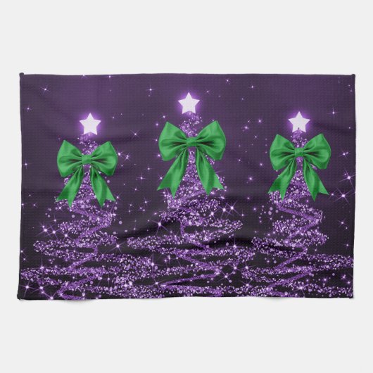 Christmas Sparkling Trees Purple Faux Green Bow  Geschirrtuch (Horizontal)