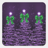 Christmas Sparkling Trees Purple Faux Green Bow Quadratischer Aufkleber (Vorderseite)
