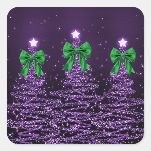 Christmas Sparkling Trees Purple Faux Green Bow Quadratischer Aufkleber (Vorderseite)