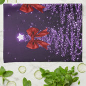Christmas Sparkling Trees Purple Faux Red Bow Geschirrtuch (Gefaltet)
