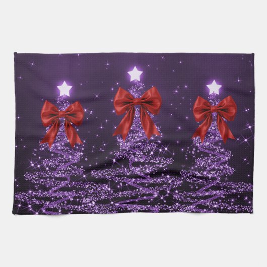 Christmas Sparkling Trees Purple Faux Red Bow Geschirrtuch (Horizontal)