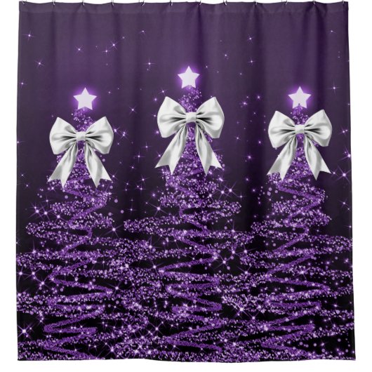 Christmas Sparkling Trees Purple Faux Silver Bow Duschvorhang (Vorderseite)