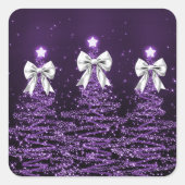 Christmas Sparkling Trees Purple Faux Silver Bow Quadratischer Aufkleber (Vorderseite)