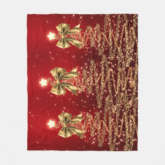 Christmas Sparkling Trees Red Gold Faux Bow Fleecedecke (Vorderseite)