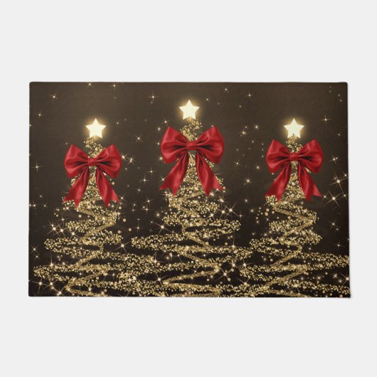 Christmas Sparkling Trees Red Gold Faux Bow Fußmatte (Vorderseite)