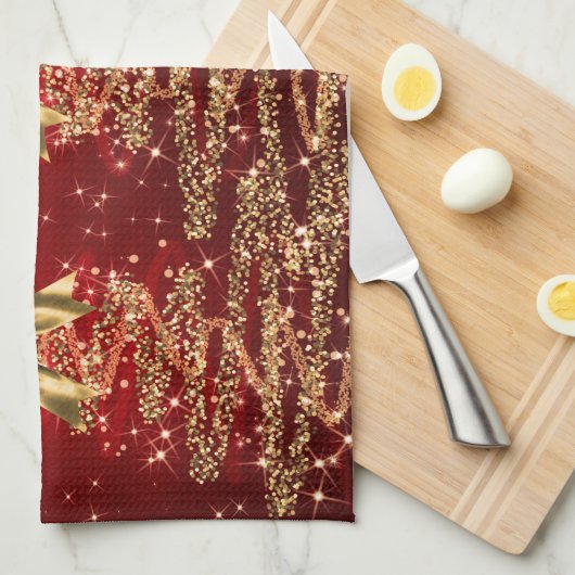 Christmas Sparkling Trees Red Gold Faux Bow  Geschirrtuch (Viertel Falte)