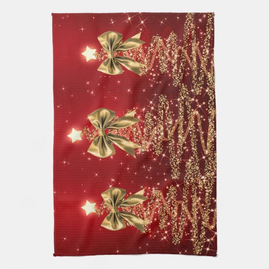 Christmas Sparkling Trees Red Gold Faux Bow  Geschirrtuch (Vertikal)