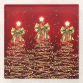 Christmas Sparkling Trees Red Gold Faux Bow Glasuntersetzer (Vorderseite)