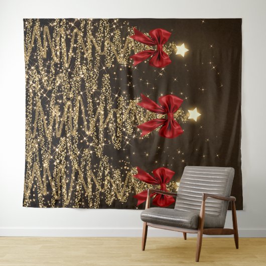 Christmas Sparkling Trees Red Gold Faux Bow Wandteppich (Beispiel (Horizontal))