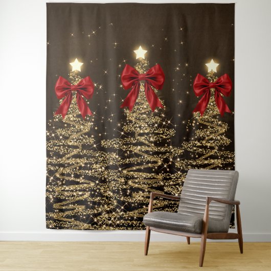 Christmas Sparkling Trees Red Gold Faux Bow Wandteppich (Beispiel)