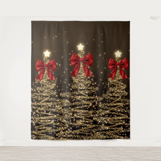 Christmas Sparkling Trees Red Gold Faux Bow Wandteppich (Vorderseite)