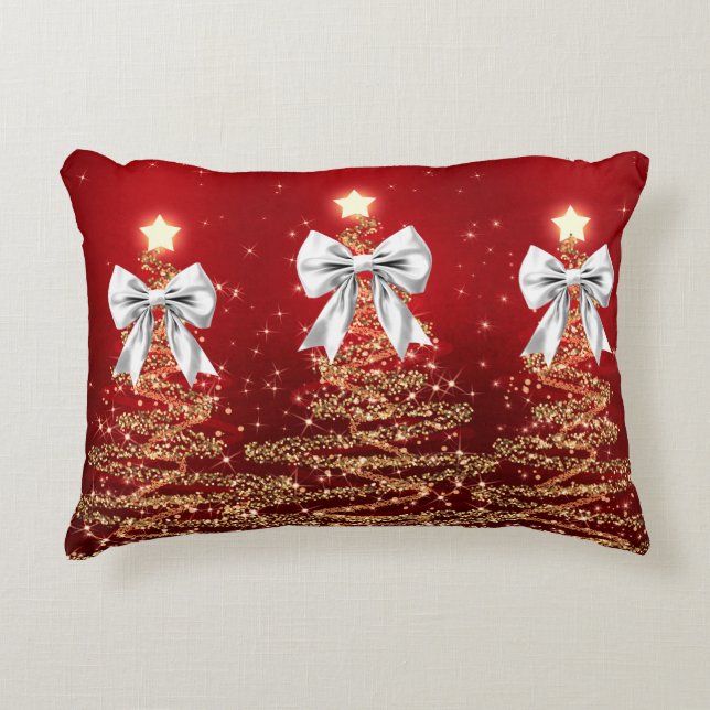 Christmas Sparkling Trees Red Gold Silver Bow  Dekokissen (Vorderseite)