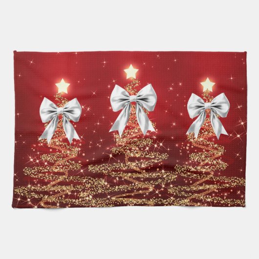 Christmas Sparkling Trees Red Gold Silver Bow Geschirrtuch (Horizontal)