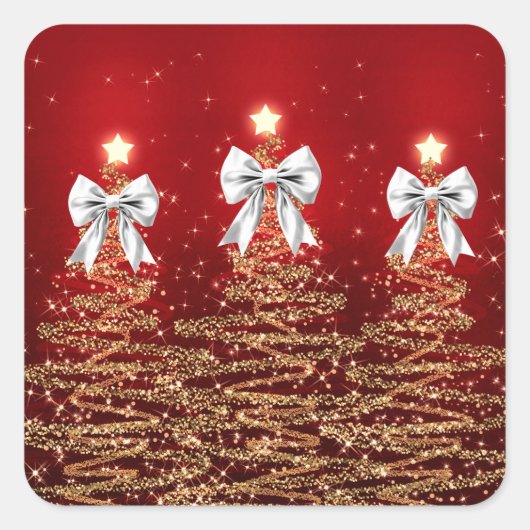 Christmas Sparkling Trees Red Gold Silver Bow Quadratischer Aufkleber (Vorderseite)