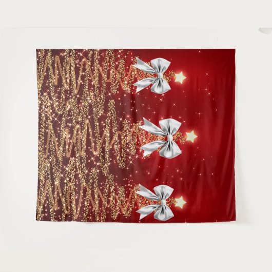 Christmas Sparkling Trees Red Gold Silver Bow Wandteppich (Vorderseite (Horizontal))