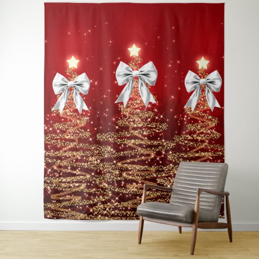 Christmas Sparkling Trees Red Gold Silver Bow Wandteppich (Beispiel)