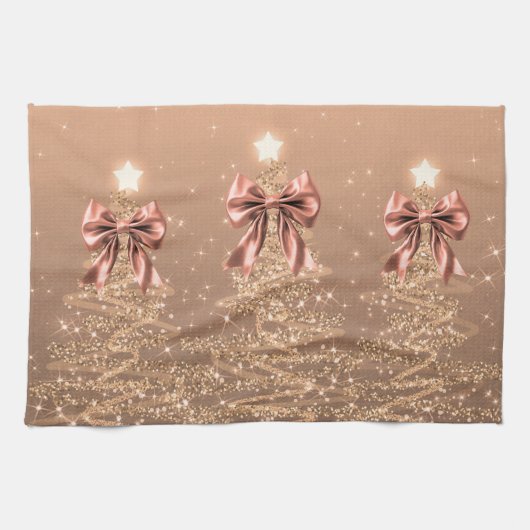 Christmas Sparkling Trees Rose Gold Faux Bow Geschirrtuch (Horizontal)