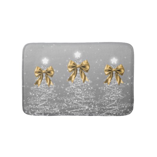Christmas Sparkling Trees Silver Faux Gold Bow Badematte (Vorderseite)