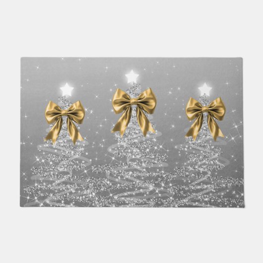 Christmas Sparkling Trees Silver Faux Gold Bow Fußmatte (Vorderseite)