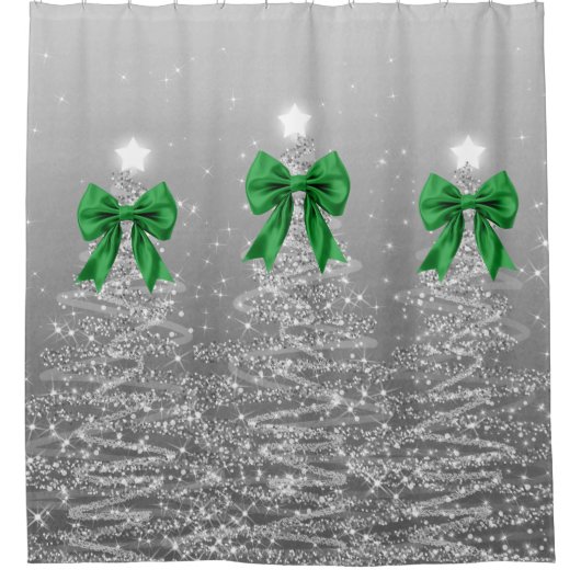 Christmas Sparkling Trees Silver Faux Green Bow  Duschvorhang (Vorderseite)