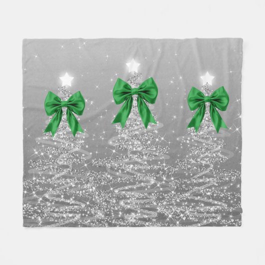 Christmas Sparkling Trees Silver Faux Green Bow Fleecedecke (Vorderseite (Horizontal))