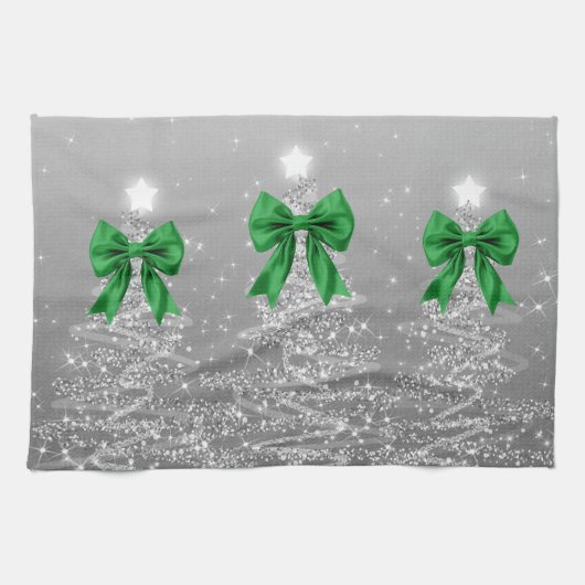 Christmas Sparkling Trees Silver Faux Green Bow Geschirrtuch (Horizontal)