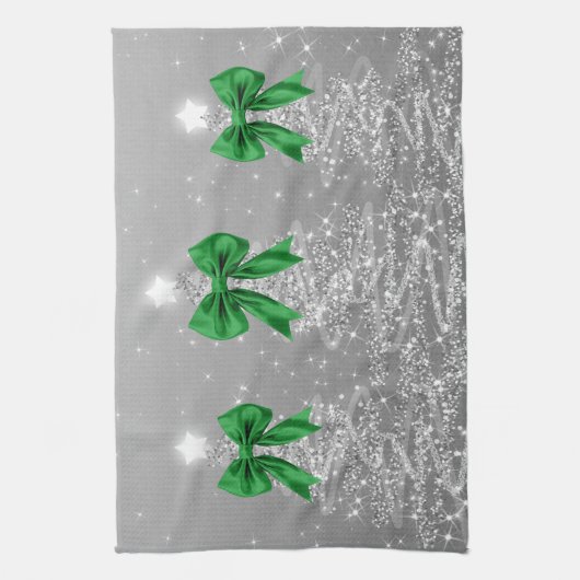Christmas Sparkling Trees Silver Faux Green Bow Geschirrtuch (Vertikal)
