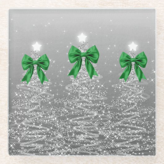 Christmas Sparkling Trees Silver Faux Green Bow Glasuntersetzer (Vorderseite)