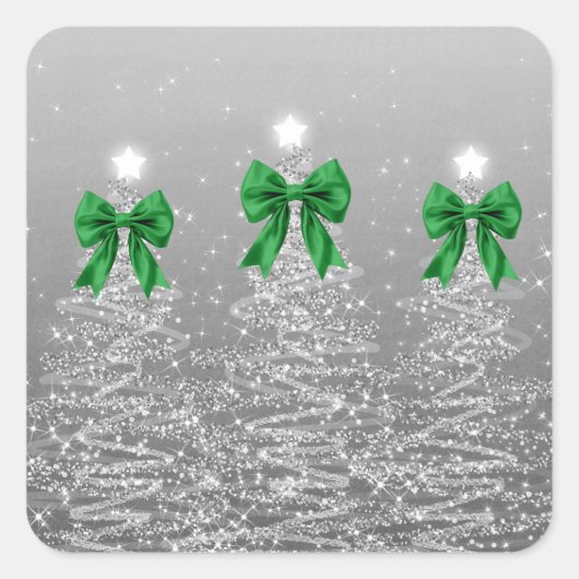 Christmas Sparkling Trees Silver Faux Green Bow Quadratischer Aufkleber (Vorderseite)