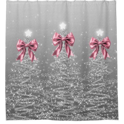 Christmas Sparkling Trees Silver Faux Pink Bow Duschvorhang (Vorderseite)