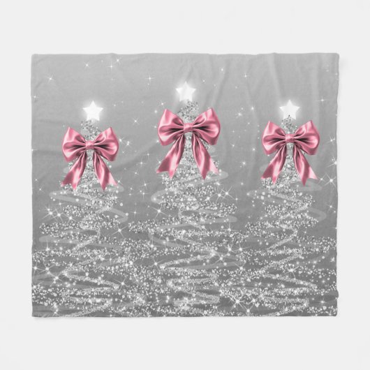 Christmas Sparkling Trees Silver Faux Pink Bow Fleecedecke (Vorderseite (Horizontal))