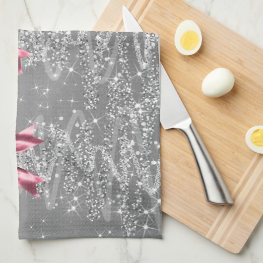 Christmas Sparkling Trees Silver Faux Pink Bow Geschirrtuch (Viertel Falte)