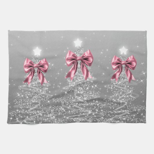 Christmas Sparkling Trees Silver Faux Pink Bow Geschirrtuch (Horizontal)