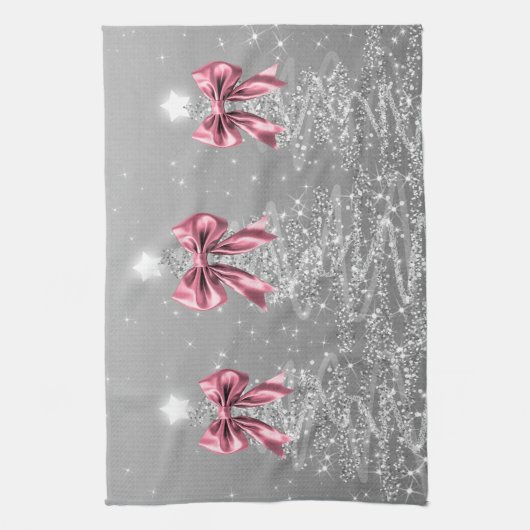 Christmas Sparkling Trees Silver Faux Pink Bow Geschirrtuch (Vertikal)