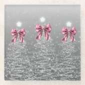 Christmas Sparkling Trees Silver Faux Pink Bow Glasuntersetzer (Vorderseite)