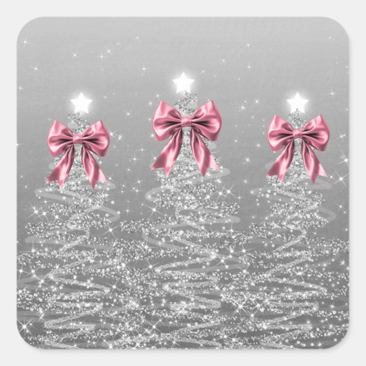 Christmas Sparkling Trees Silver Faux Pink Bow Quadratischer Aufkleber (Vorderseite)