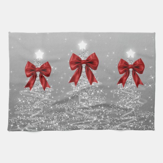 Christmas Sparkling Trees Silver Faux Red Bow Geschirrtuch (Horizontal)