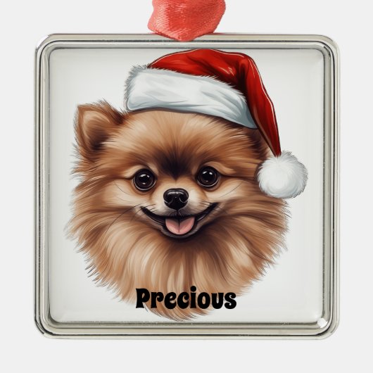 CHRISTMAS SPITZ HUND MIT WEIHNACHTSMANNMÜTZE ORNAMENT AUS METALL (Vorne)