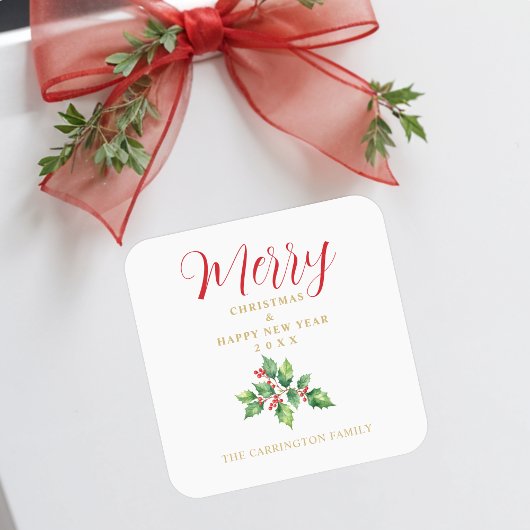 Christmas Sprig Holly Green Leaves & Red Berries Quadratischer Aufkleber
