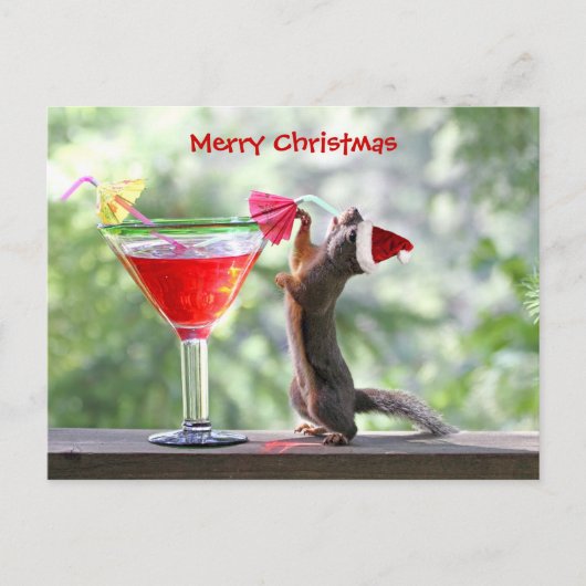 Christmas Squirrel Drinking a Cocktail Feiertagspostkarte (Vorderseite)