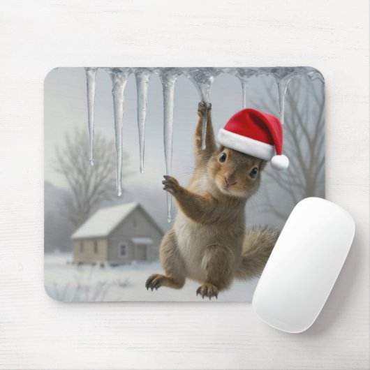 Christmas Squirrel Hanging From an Icicle Mousepad (Mit Mouse)