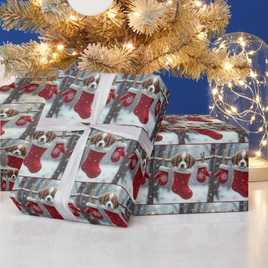 Christmas St. Bernard Welpe im Roten Strumpf Geschenkpapier (Feiertage)