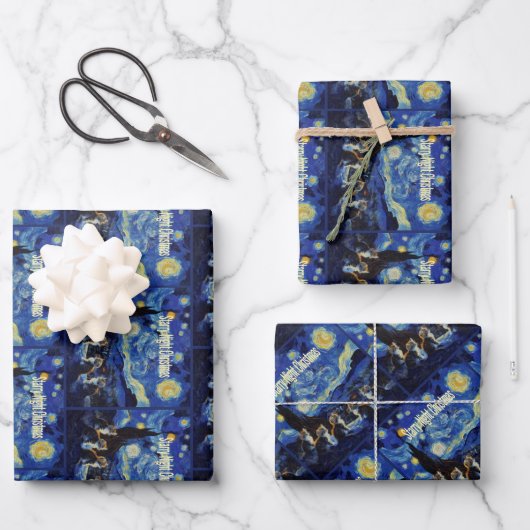 Christmas Starry Night Van Gogh Cat Lover Geschenkpapier Set (Vorderseite)