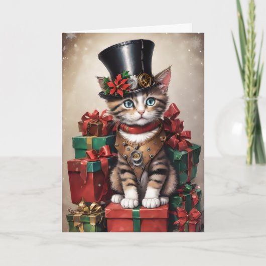 Christmas Steampunk Tabby Kitten Karte (Vorderseite)