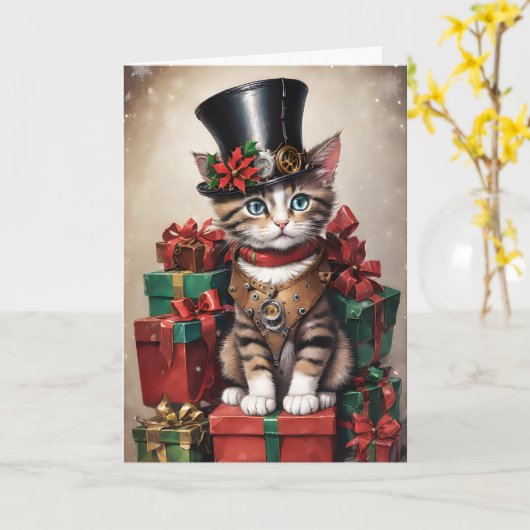 Christmas Steampunk Tabby Kitten Karte (Gelbe Blume)