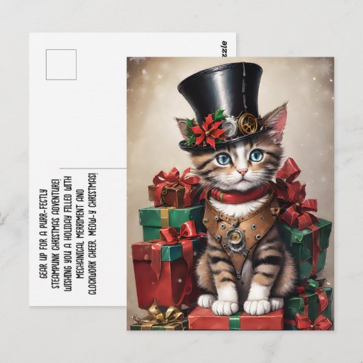 Christmas Steampunk Tabby Kitten Postkarte (Vorne/Hinten)