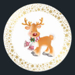 Christmas Stickers-Rudolph Runder Aufkleber<br><div class="desc">Der Weihnachtsaufkleber wird in runder Form mit einem niedlich festlichen Rudolph-Aufdruck gezeigt. Große Größe angezeigt Anpassen Sie dieses Objekt oder kaufen Sie,  wie es ist.</div>