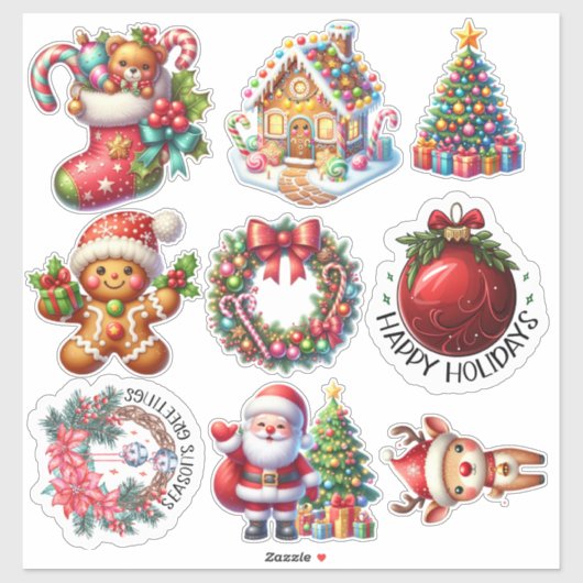 Christmas Stickers: Tree, Wreath, Santa & More Joy Aufkleber (Blatt)