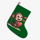 Christmas Stocking, Monkey Red Hearts Love Großer Weihnachtsstrumpf (Vorderansicht (hängend))