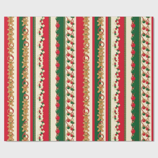 Christmas Stripes Gingerbread & Ornaments Pattern Geschenkpapier (Flach)